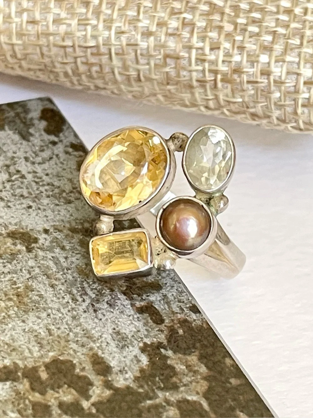 925 Sterling Silver Natural Multi-Gemstone Ring Citrine, Quartz & Pearl  us:8